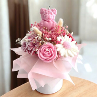 Trụ Hoa Giấy và Gấu Teddy Nến Thơm (Trắng Hồng)
