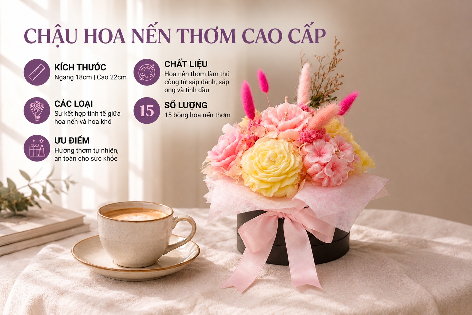 chậu hoa nến thơm vàng hồng nhỏ
